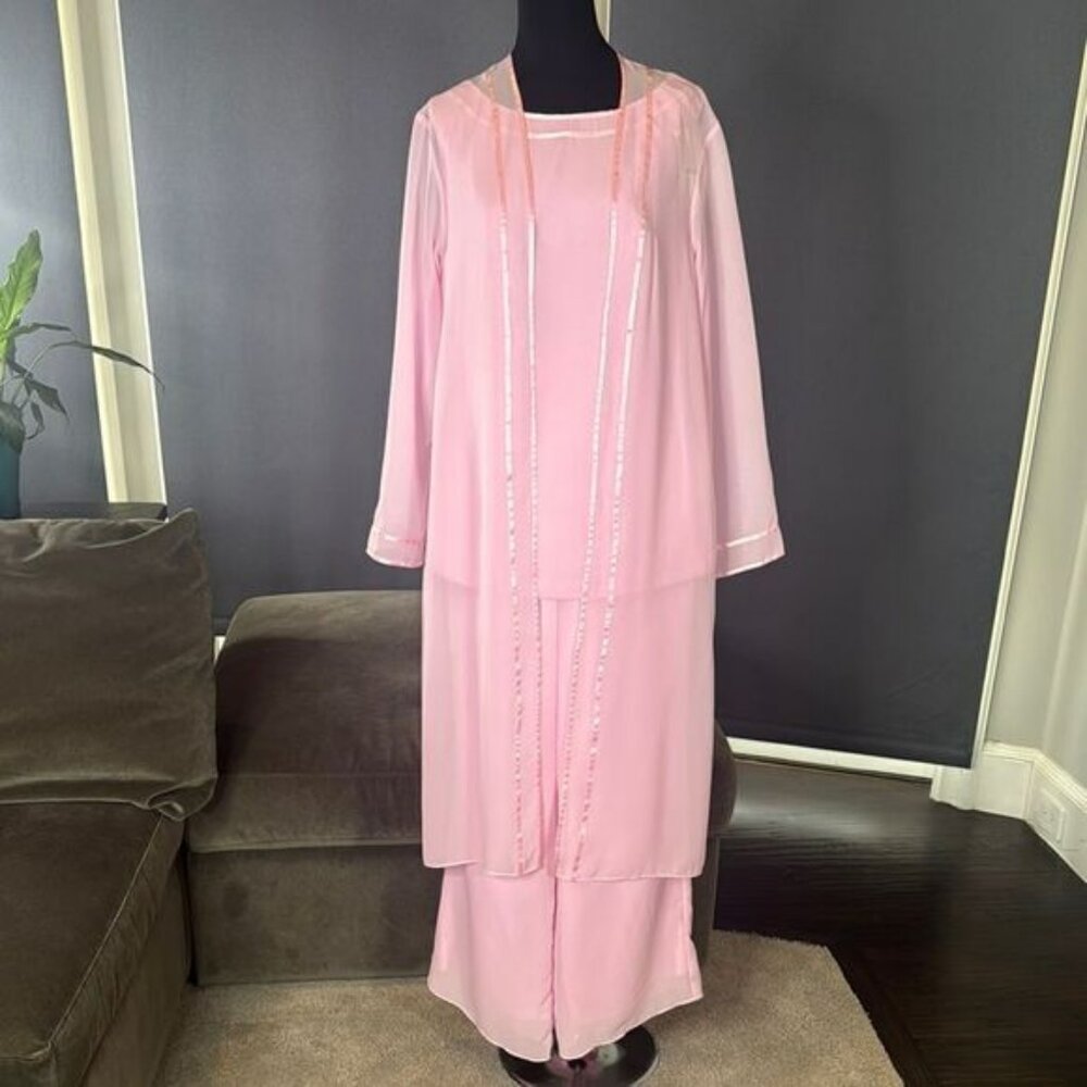 Women’s Pink Chiffon 3 Piece Formal Mother of the Bride Pants Suit Size 8 NEW